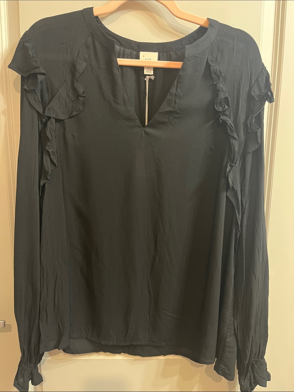 a new day Black Ruffle-Trim V-Neck Long Sleeve Blouse